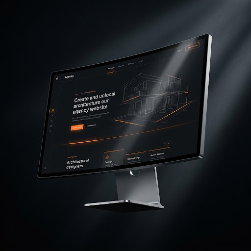 Premium 3D workstation render showing agency website